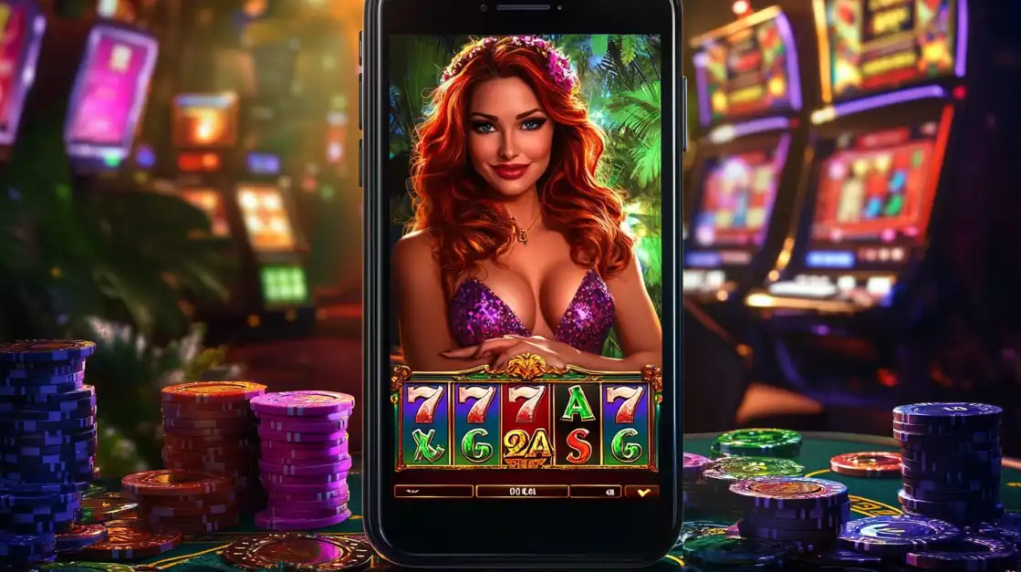 A close-up view of a smartphone screen displaying a classic bn88 777 slot game with vibrant graphics, set against the backdrop of a real casino floor with poker chips.