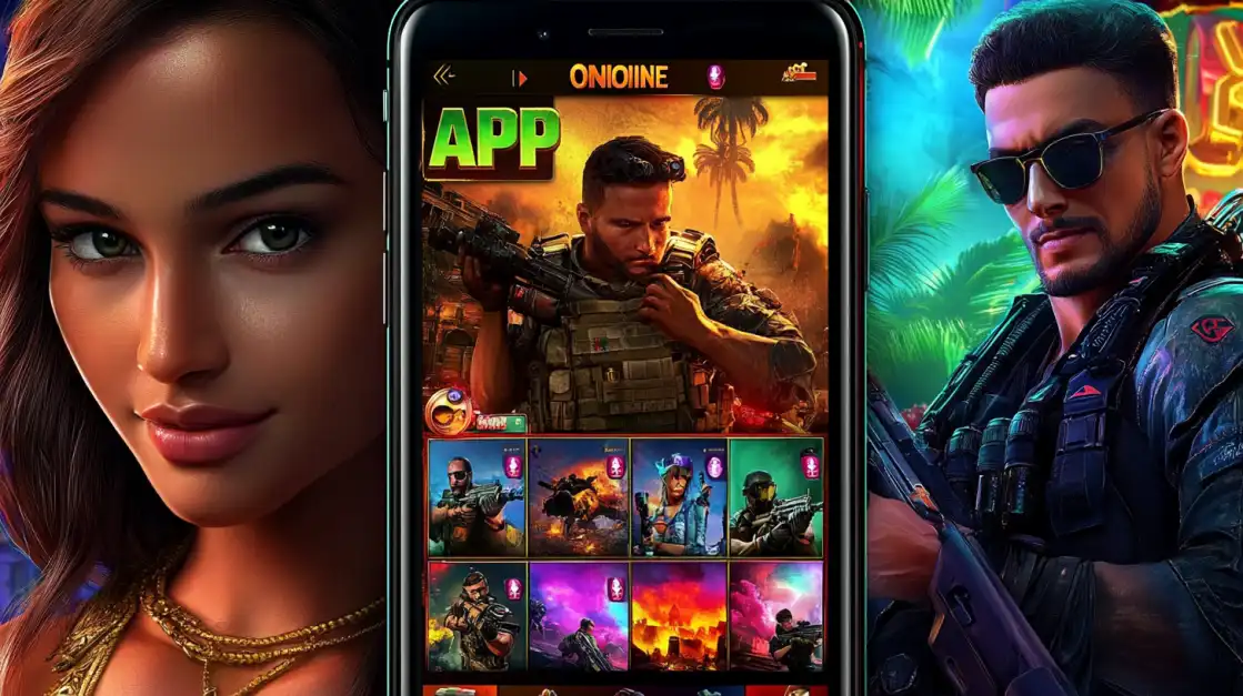 An image promoting the bn88 gaming app, featuring characters from an action shooter game and a smartphone displaying the diverse game lobby for betting and playing.