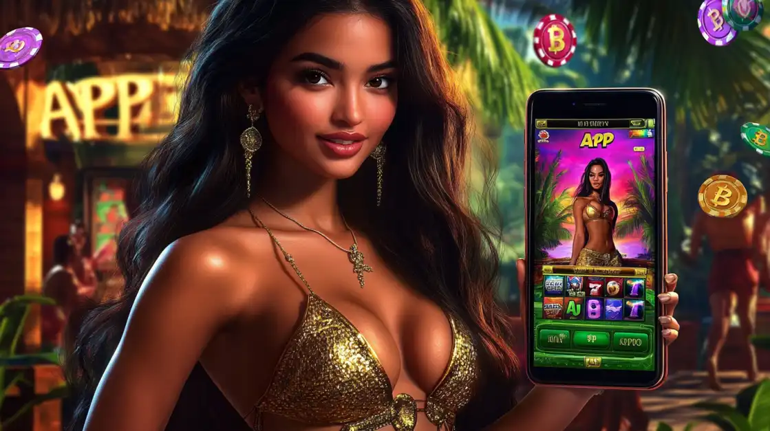 A woman at a tropical resort showcases the bn88 mobile casino app on her phone, featuring a colorful slot game with a jungle theme and floating chips ready for play.