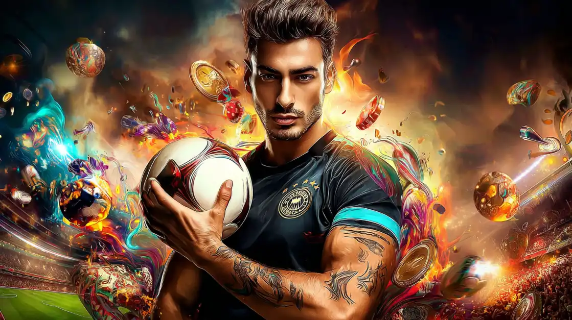 A handsome, tattooed football player in a dark jersey holds a soccer ball against an explosive, colorful background, symbolizing the high energy and excitement of betting on sports with bn88.