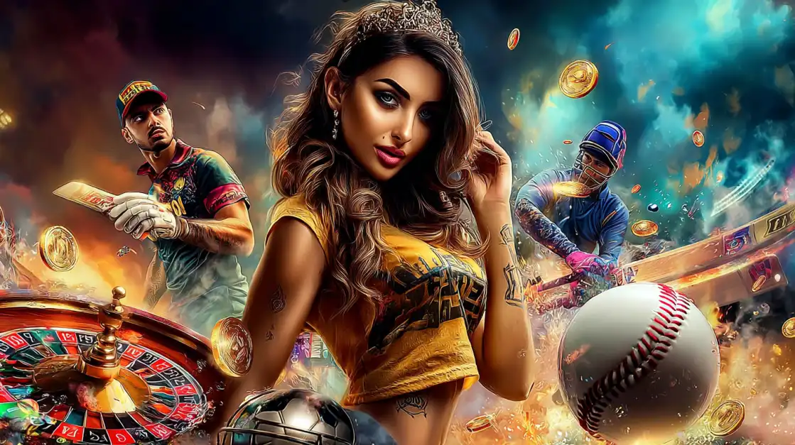 A glamorous woman wearing a tiara is at the center of a dynamic collage for bn88, featuring cricket and baseball players, a roulette wheel, and gold coins, representing a complete online gaming and betting hub.