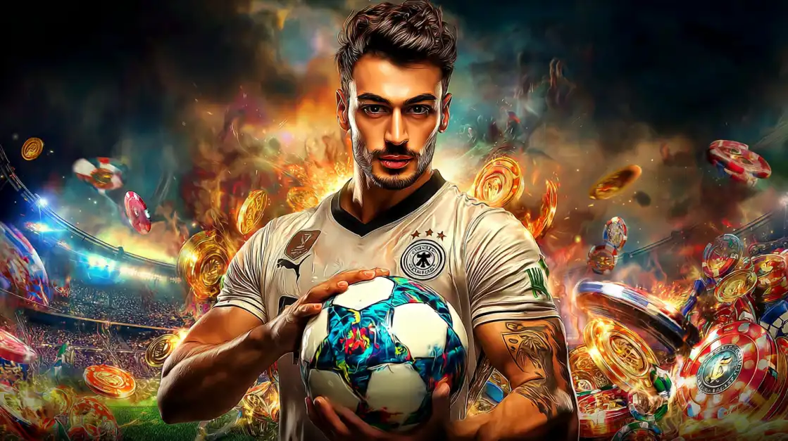 A determined football player in a white jersey holds a soccer ball in a stadium filled with floating gold coins and casino chips, showcasing the winning opportunities available on the bn88 platform.