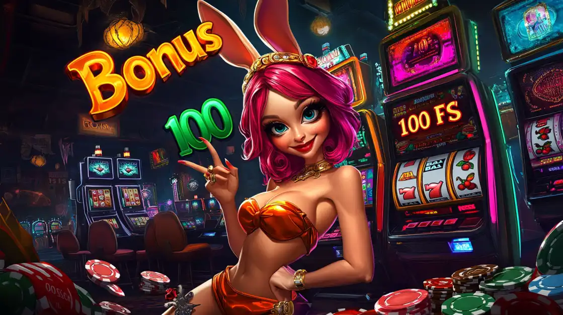 An attractive woman with pink hair and bunny ears gestures in a lively casino, advertising a generous bonus of 100 Free Spins (FS) available for new players at bn88 online casino.