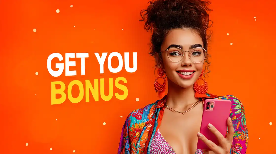 A stylish woman with a bright smile holds her smartphone, encouraging users to claim their exclusive welcome bonus on the bn88 app, set against a vibrant orange background.