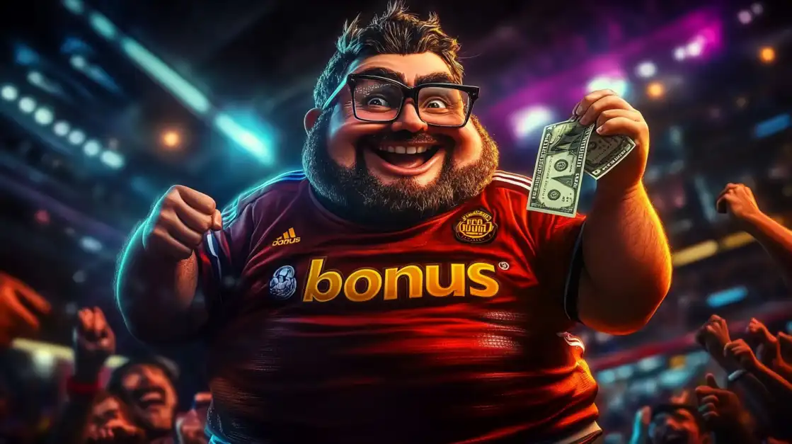 A jubilant sports fan in a stadium celebrates a big win by holding cash, showcasing the exciting bonus offers available for sports betting enthusiasts on the bn88 platform.