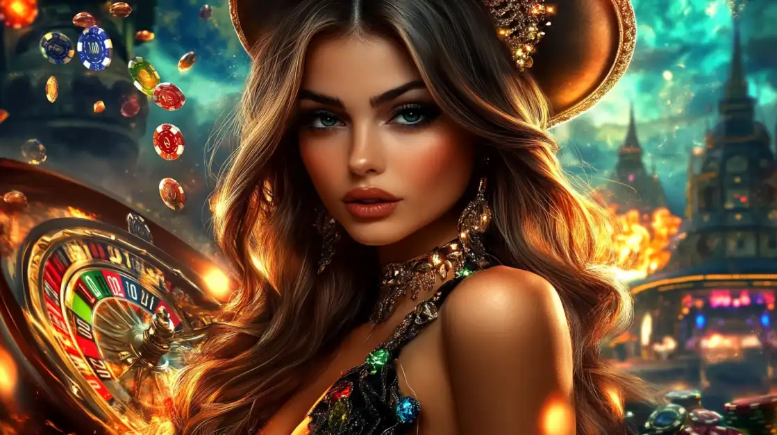 A glamorous woman with long, wavy hair and a stylish hat is featured in a vibrant bn88 casino setting, with a brightly lit roulette wheel and colorful chips floating in the air.