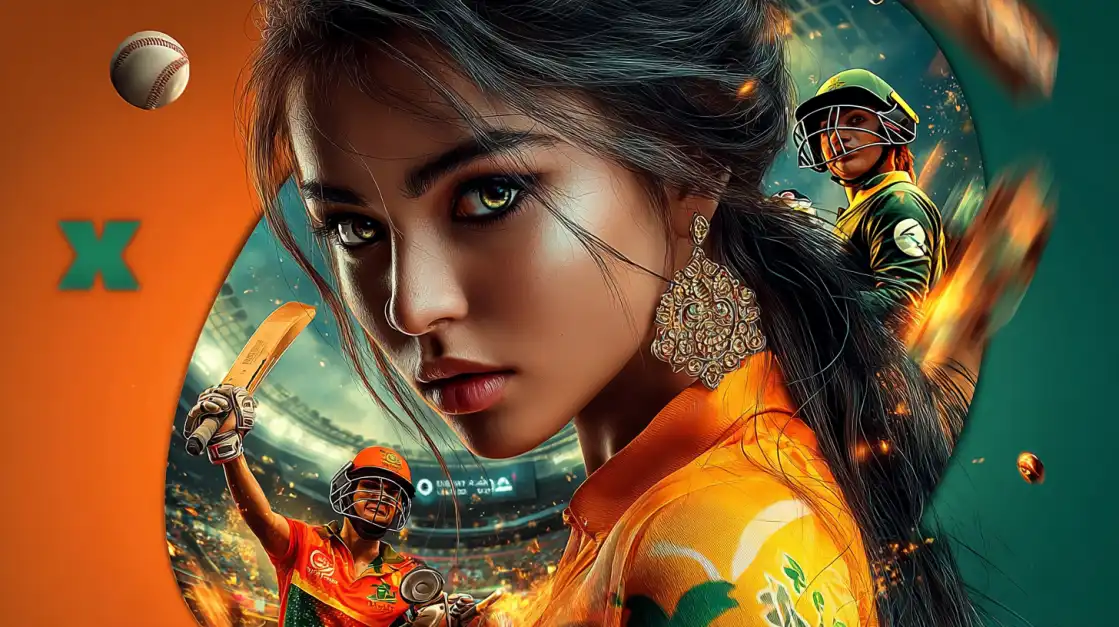 A woman with striking eyes in front of a dynamic sports collage featuring cricket players in action, promoting the exciting online sports betting experience on the bn88 platform.