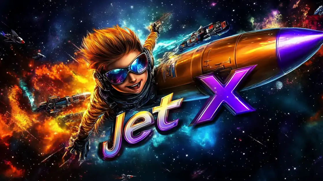 Play the Exciting JetX Crash Game on bn88 Today! A young pilot with sunglasses rides a rocket through a vibrant nebula in the thrilling bn88 JetX crash game, showcasing high-flying space action and adventure for all players.