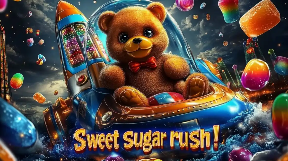 Enjoy a Sweet Sugar Rush with This Fun bn88 Slot Game An adorable teddy bear pilots a rocket through a galaxy filled with colorful candies in the Sweet Sugar Rush slot game available at bn88, offering a whimsical and fun gaming experience.