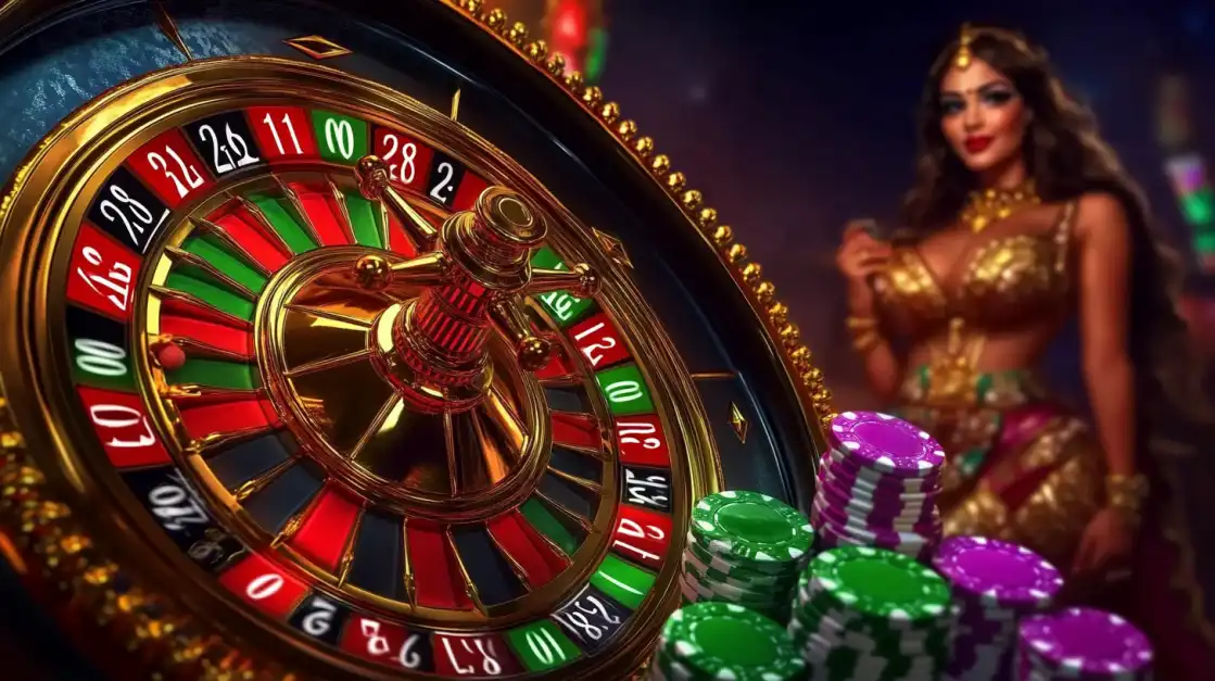 Place Your Bets on the Roulette Wheel at bn88 Casino A detailed close-up of a classic, ornate roulette wheel mid-spin at the bn88 online casino, with an elegant woman and casino chips blurred in the background, highlighting the sophisticated gaming experience.