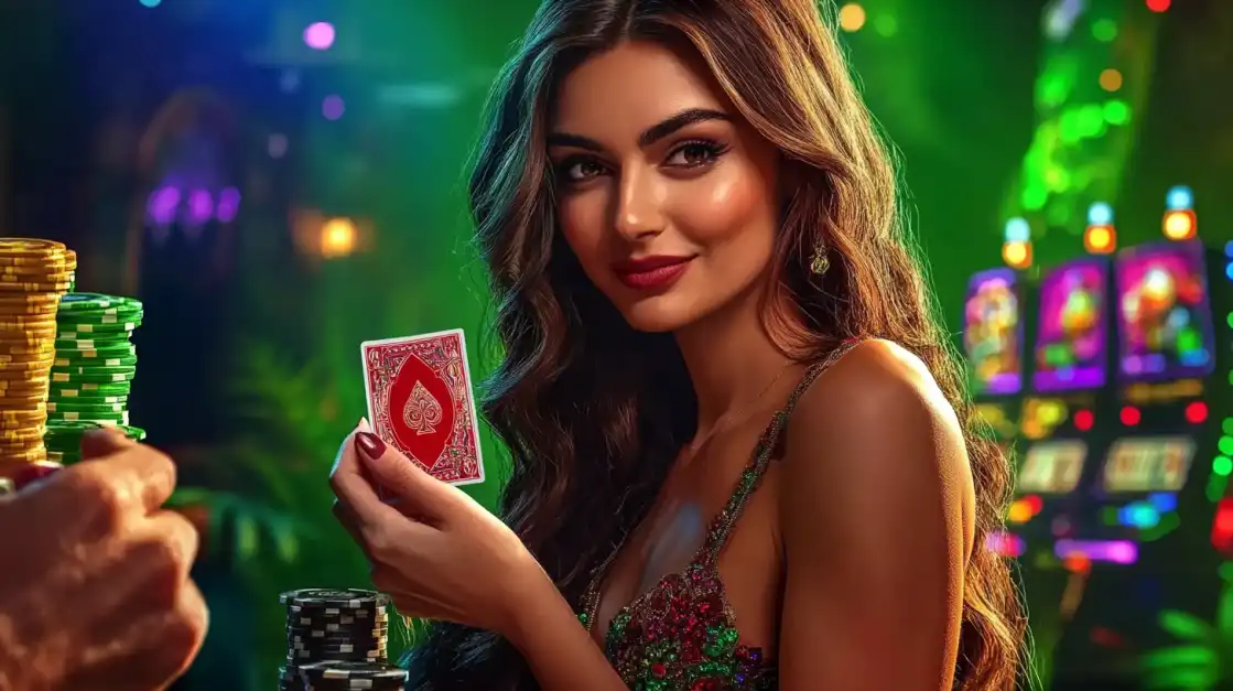 Experience the Thrill of Live Dealer Card Games at bn88 An elegant woman at a card table in the bn88 live casino reveals an Ace of Spades, with stacks of poker chips and glowing slot machines creating an authentic and inviting atmosphere.