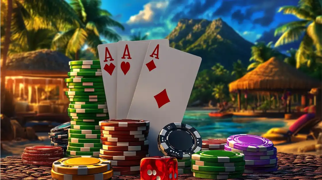 Play and Win with Online Poker at bn88 A winning poker hand of three aces is displayed next to colorful stacks of casino chips on a table at a luxurious tropical beach, representing the relaxing yet exciting poker games at bn88.