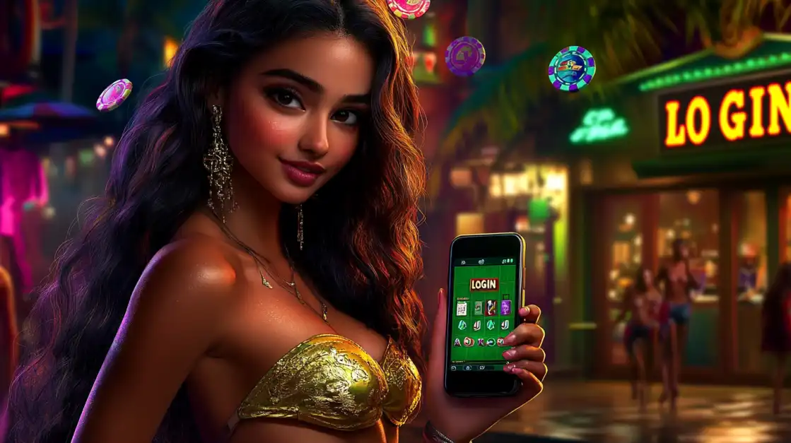 A woman in a glamorous nightlife setting holds a smartphone with the bn88 casino app, inviting users to log in and enjoy exciting slot games anytime, anywhere.