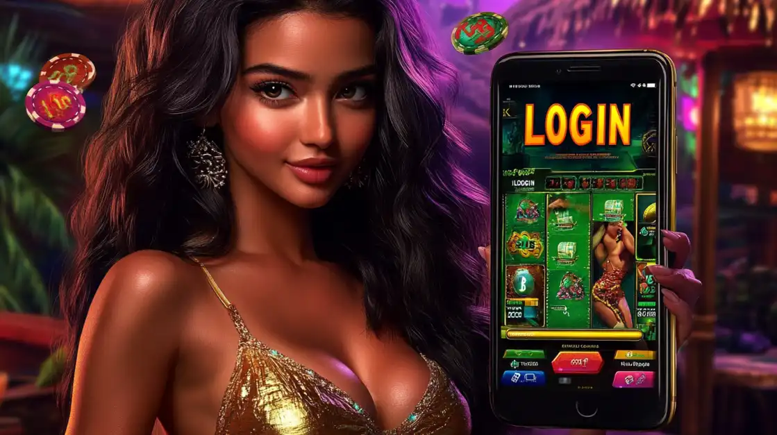 An elegant woman holds a smartphone showing the bn88 online casino app login screen for a tropical-themed slot game, with a vibrant, welcoming interface.