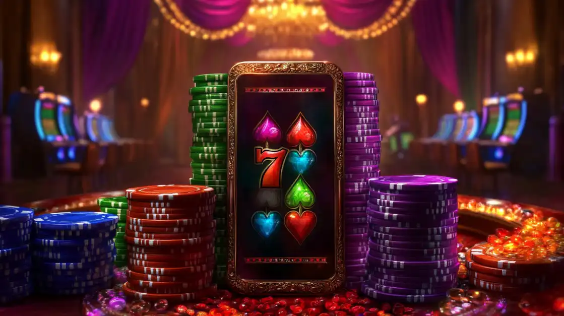 A smartphone displaying the bn88 classic 777 slot game, surrounded by massive stacks of colorful casino chips in a luxurious setting, symbolizing the potential for big wins.