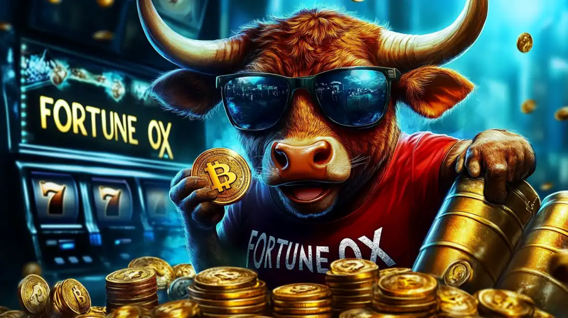 The cool Fortune Ox character, wearing sunglasses and holding a Bitcoin, is surrounded by gold coins in this popular bn88 slot game, symbolizing wealth and big win potential.