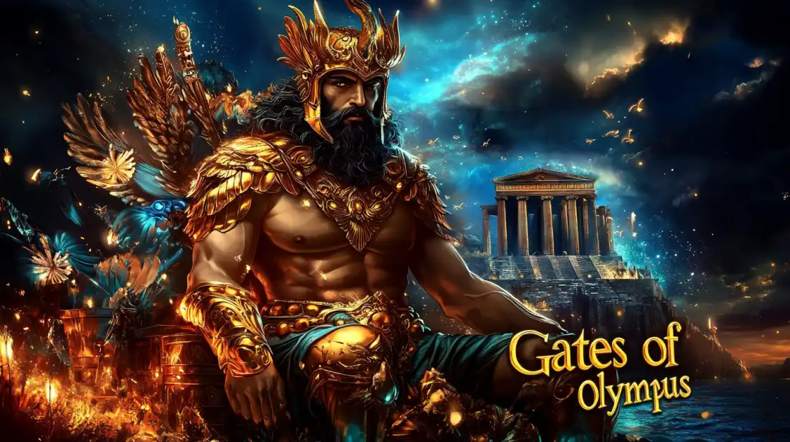 The mighty Greek god Zeus in golden armor sits before his temple in the epic Gates of Olympus slot game from bn88, surrounded by divine power and the promise of legendary wins.