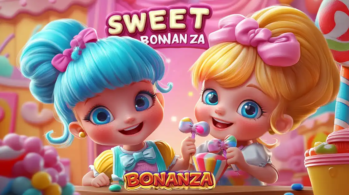 Two cheerful cartoon girls with colorful hair enjoy treats in the vibrant candy world of the Sweet Bonanza slot game, a popular and delightful choice on the bn88 online casino platform.