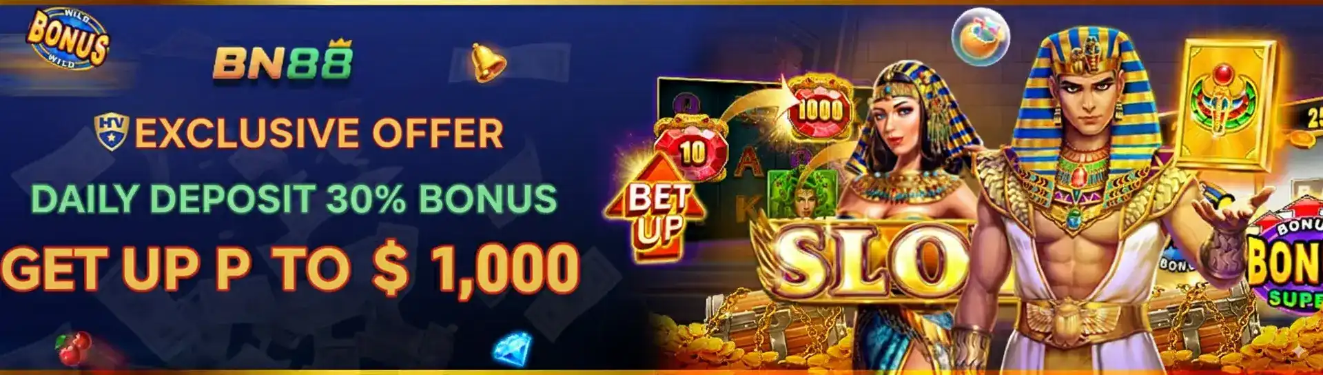 A promotional banner for bn88 featuring characters from an Egyptian-themed slot game. It advertises an exclusive daily deposit offer of a 30% bonus, allowing players to get up to $1,000 extra.