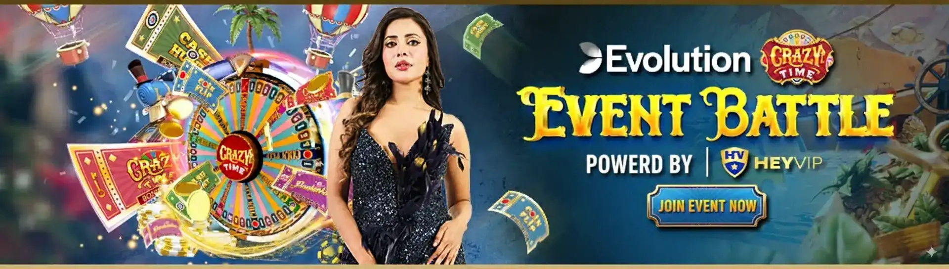 An advertisement for the Evolution Crazy Time Event Battle hosted on bn88. The banner shows a stylish woman next to the vibrant Crazy Time prize wheel, inviting players to join the event now.