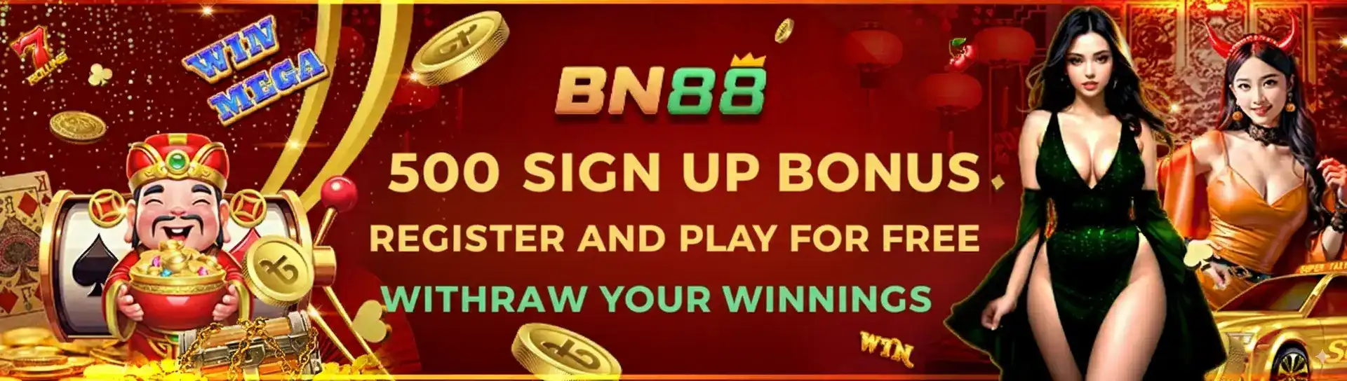 A red promotional banner for the bn88 online casino, advertising a 500 sign-up bonus. It features Asian-themed characters and glamorous women, inviting new users to register and play for free.